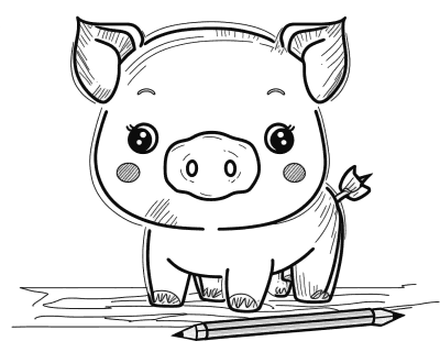 Színező egy nagy szemű, kerek pofijú malaccal, előtte egy ceruzával